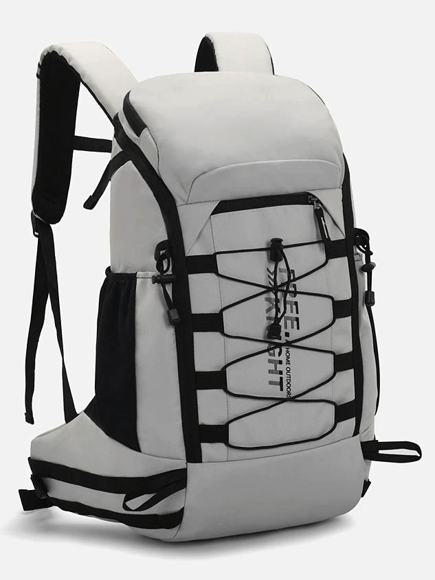 Gray travel backpack 40L with rain cover, outdoor sports bag SF0330. Features zipper, soft handle, unisex design.